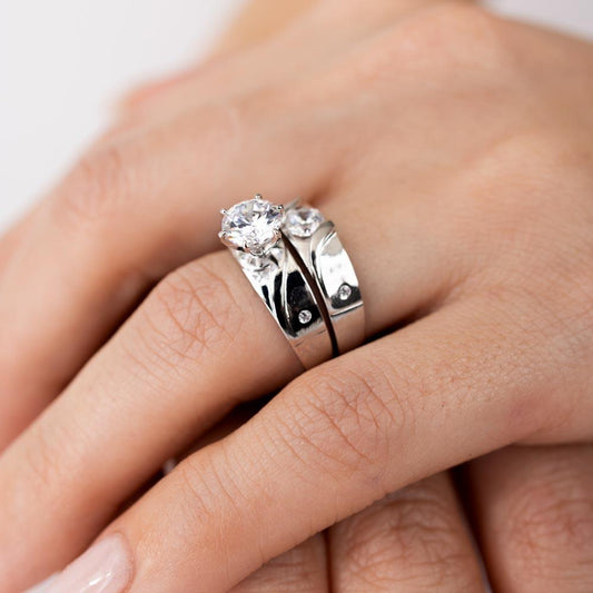 Moissanite Matte Trio Bridal Ring Set - 925 Sterling Silver