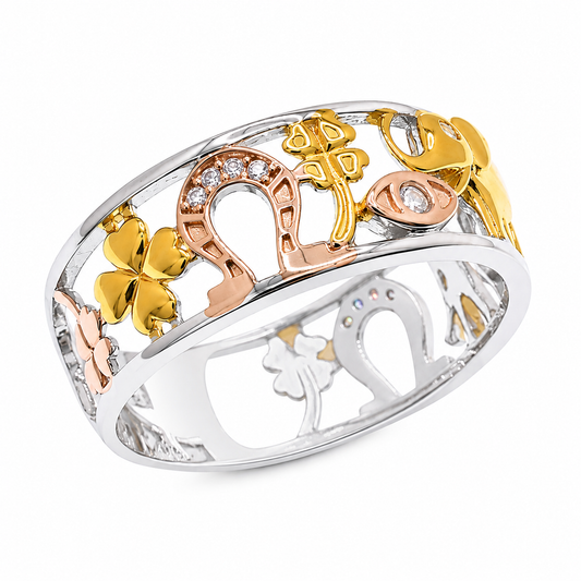 Three-Tone Moissanite Lucky Charm Band Ring - 925 Silver
